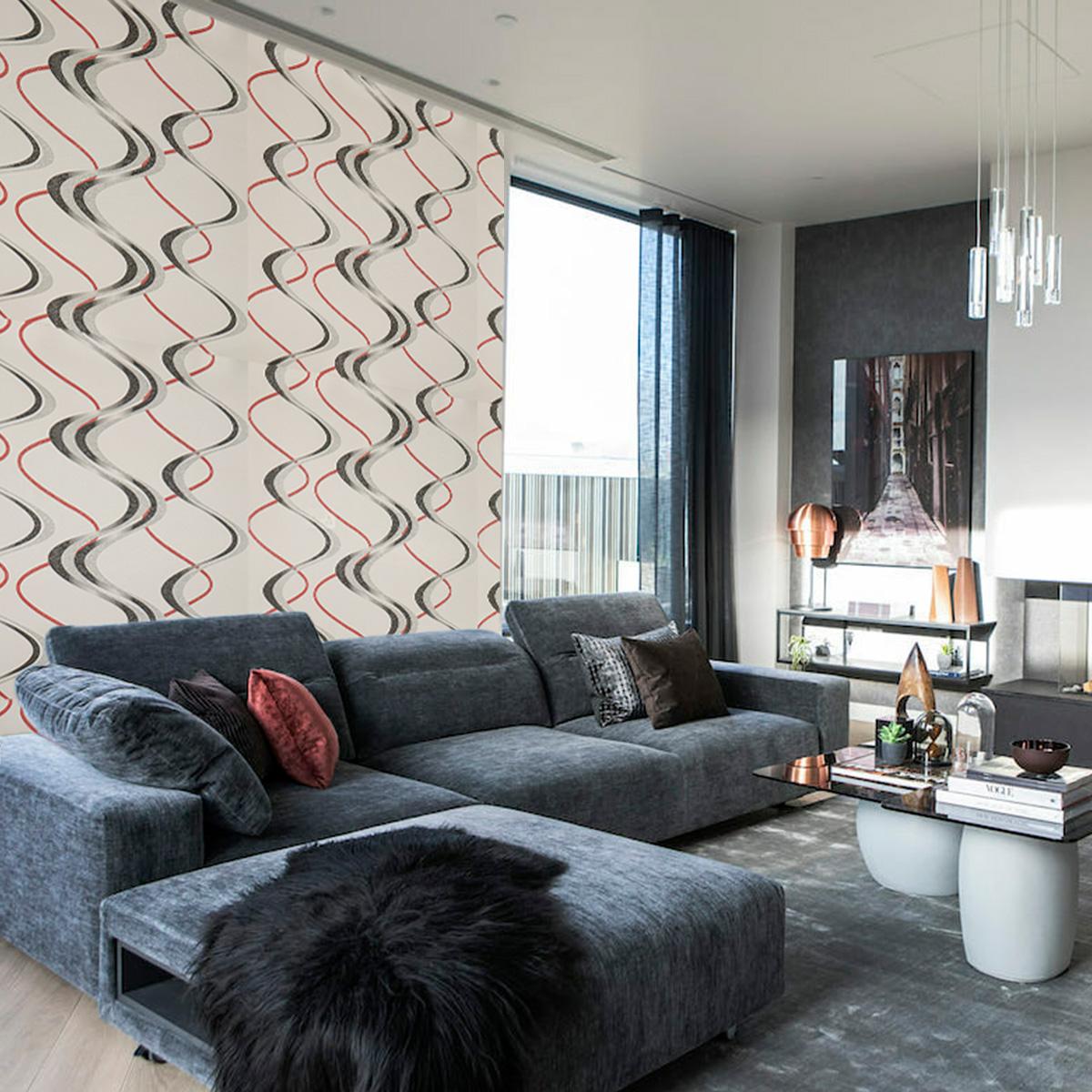 Геометричен тапет в бяло с червено Моdern Dynamics | Decoratis