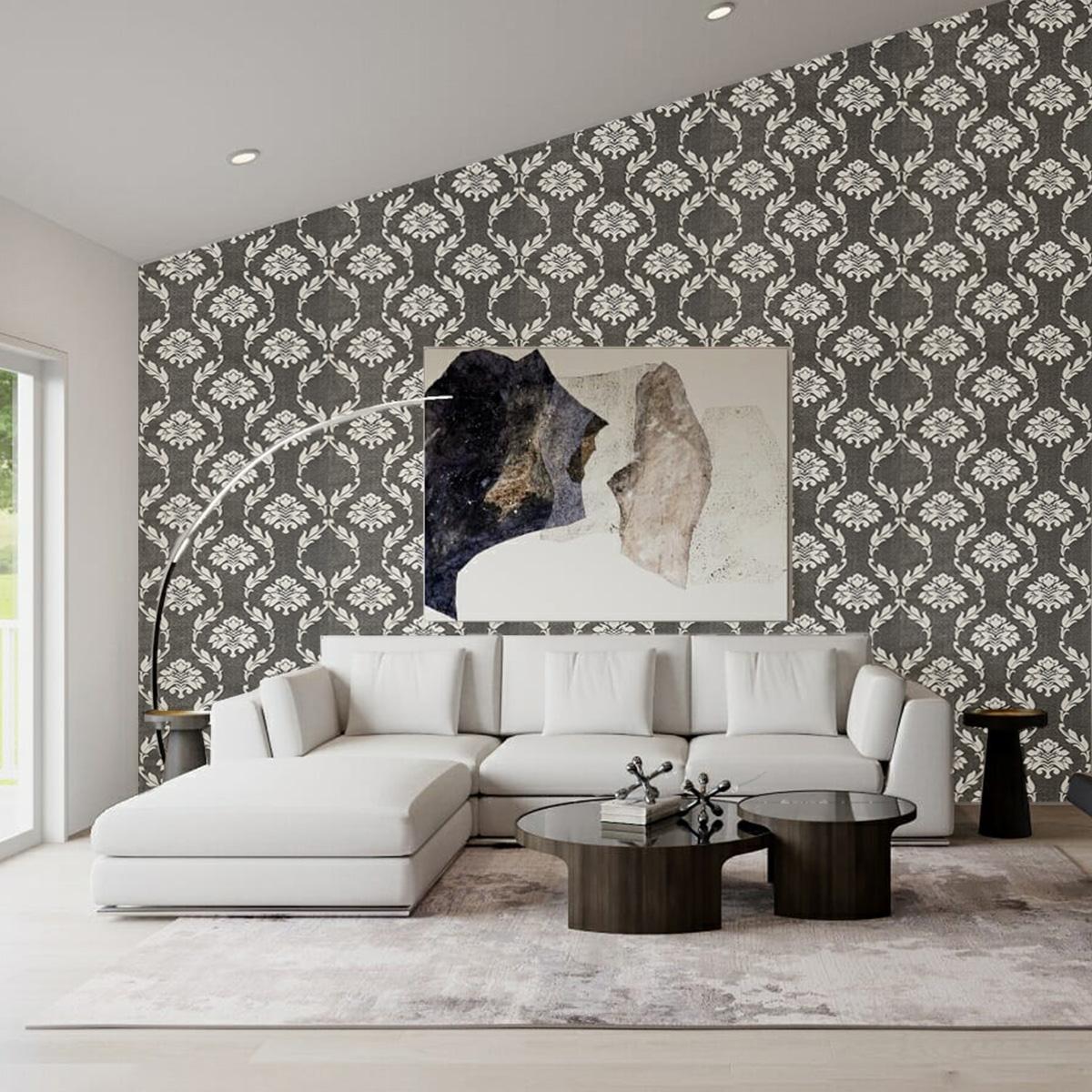 Черен бароков тапет с бели орнаменти Antique Charm | Decoratis
